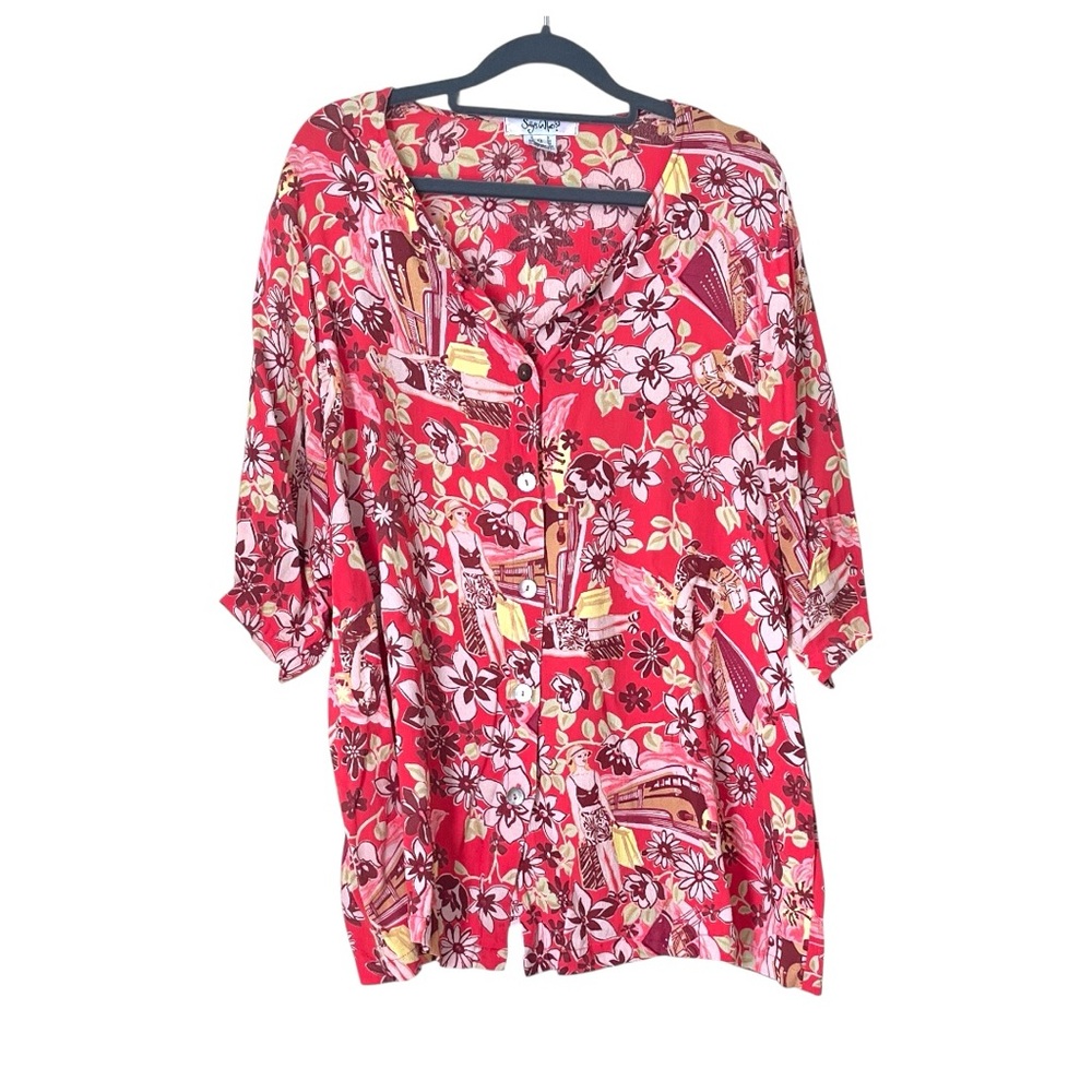 Says Who Women's Vintage 90s Beach Pinup Printed Rayon Blouse Plus Size 0X